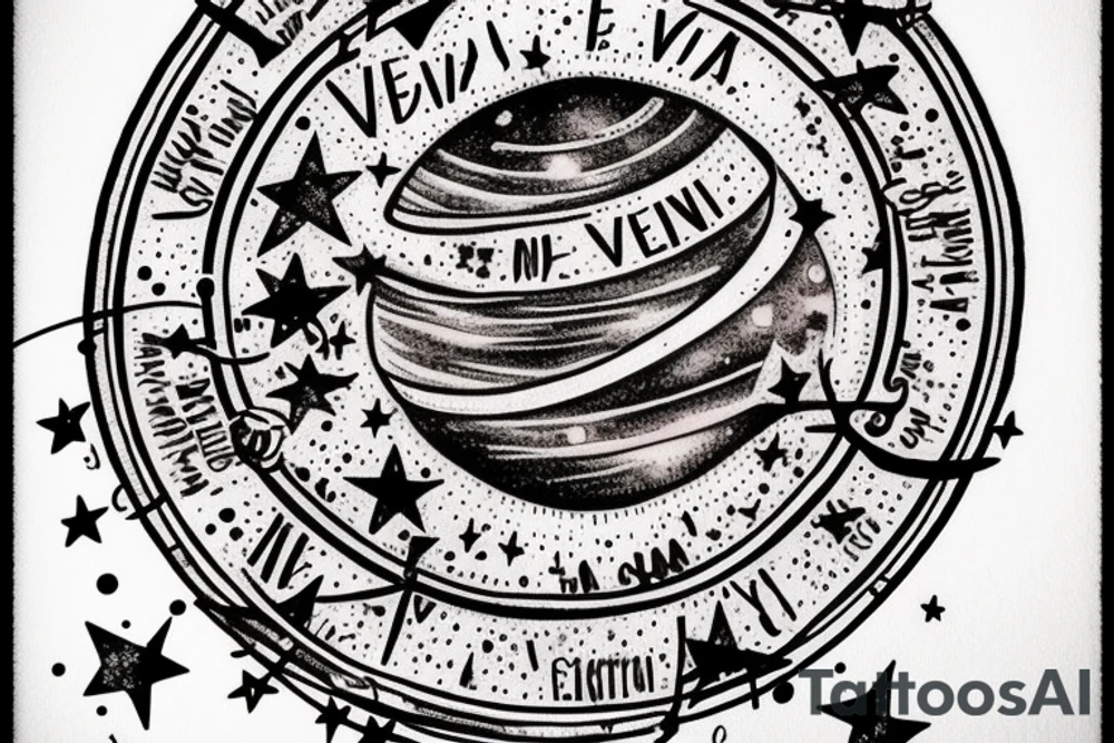 In typewriter font, quote "veni, vidi, vici" with stars and planets surrounding it tattoo idea