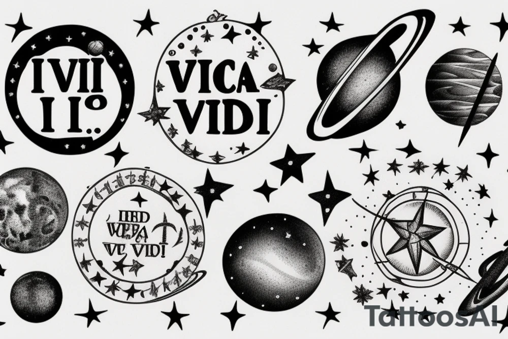 In typewriter font, quote "veni, vidi, vici" with stars and planets surrounding it tattoo idea