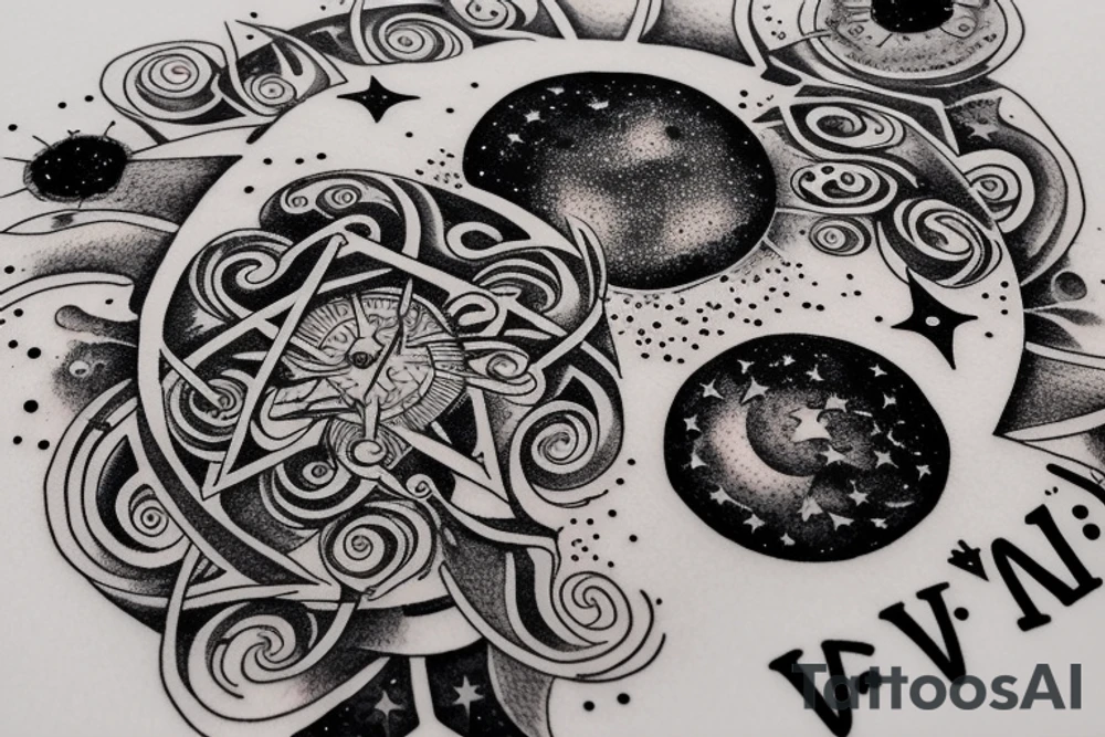 In typewriter font, quote "veni, vidi, vici" with stars and planets surrounding it tattoo idea