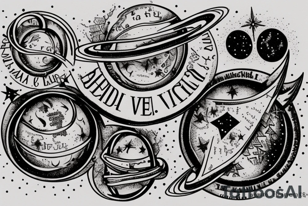 In typewriter font, quote "veni, vidi, vici" with stars and planets surrounding it tattoo idea