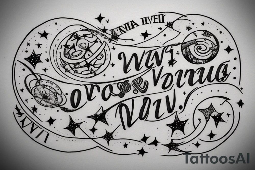 In typewriter font, quote "veni, vidi, vici" with stars and planets surrounding it tattoo idea