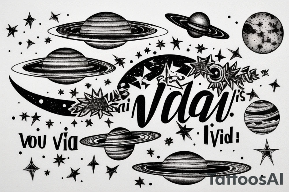In typewriter font, quote "veni, vidi, vici" with stars and planets surrounding it tattoo idea