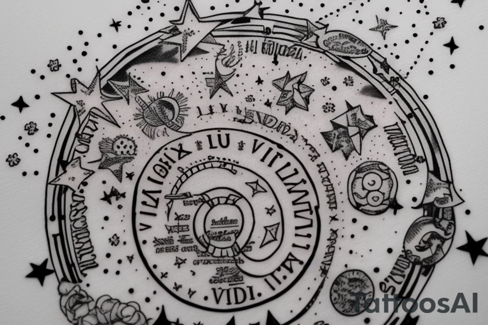 In typewriter font, quote "veni, vidi, vici" with stars and planets surrounding it tattoo idea