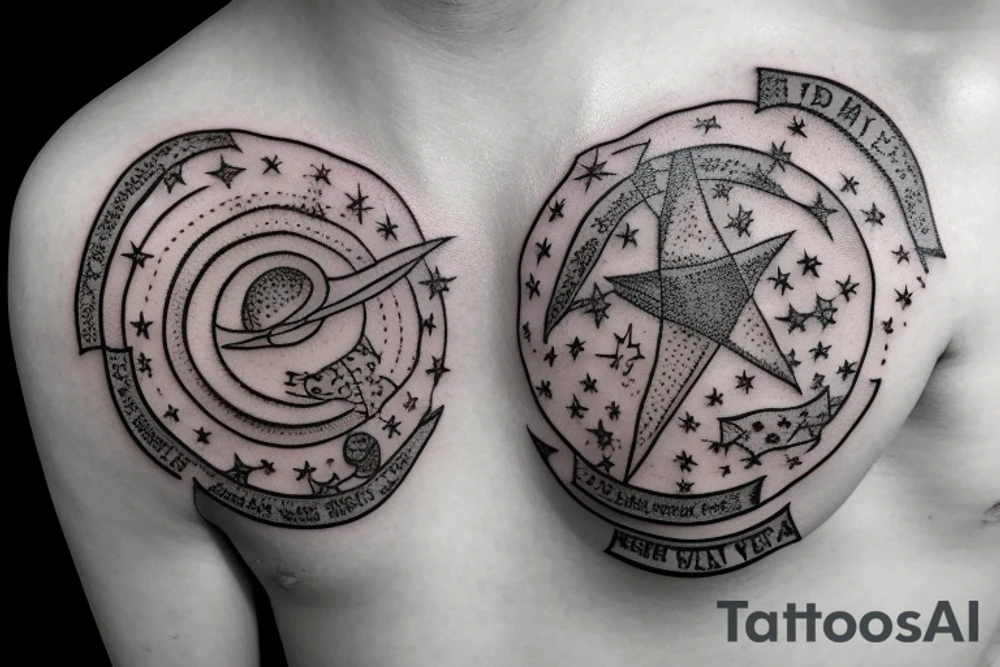 In typewriter font, quote "veni, vidi, vici" with stars and planets surrounding it tattoo idea