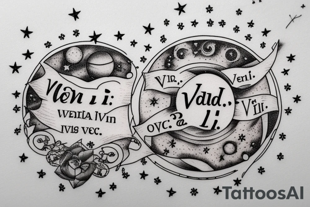 In typewriter font, quote "veni, vidi, vici" with stars and planets surrounding it tattoo idea