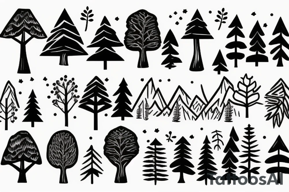 many trees with a mountain in the background tattoo idea