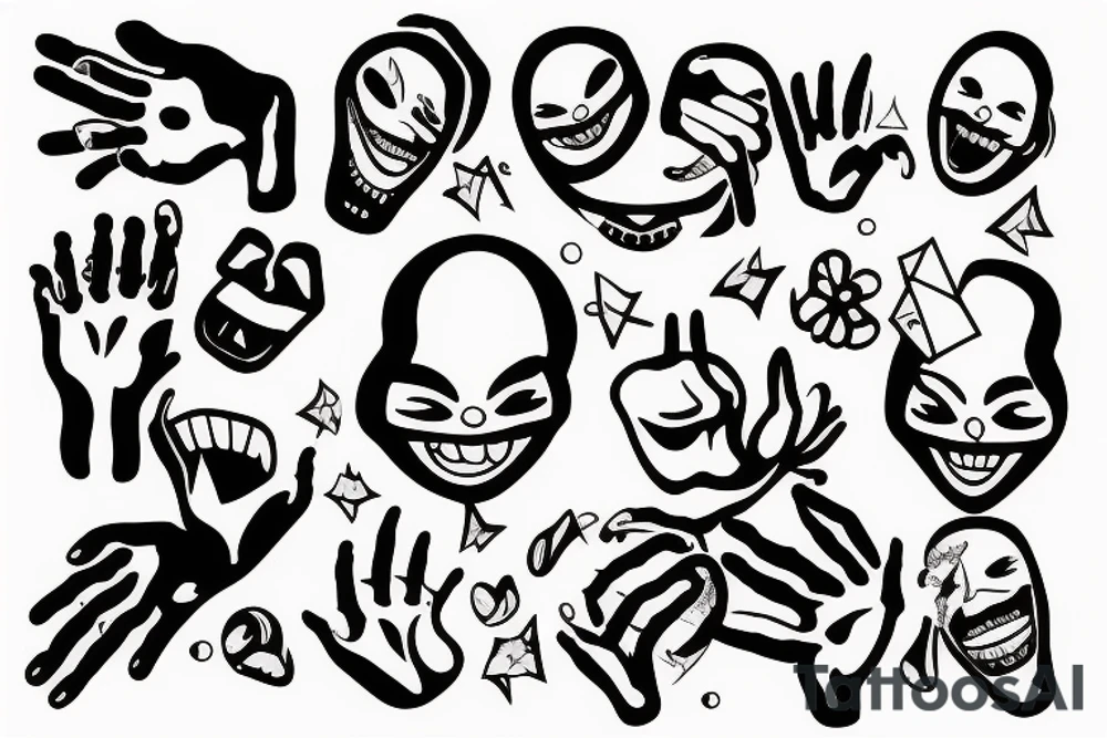 Strectched hand fully black but there is an unhappy mouth that is white tattoo idea