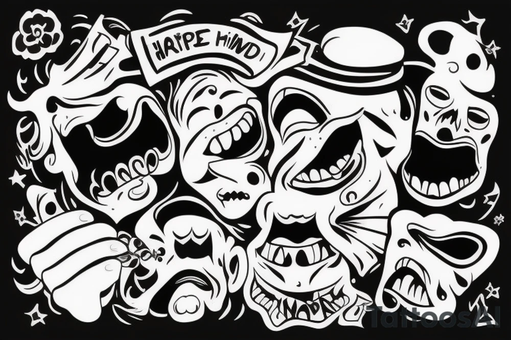 Strectched hand fully black but there is an unhappy mouth that is white low polly tattoo idea