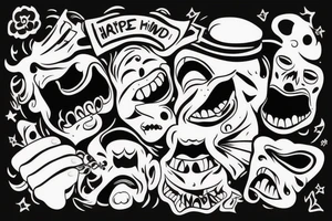 Strectched hand fully black but there is an unhappy mouth that is white low polly tattoo idea