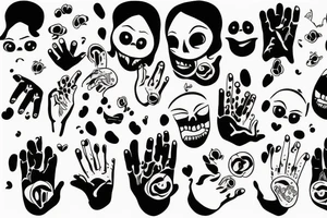 Strectched hand fully black but there is an unhappy mouth that is white low polly tattoo idea