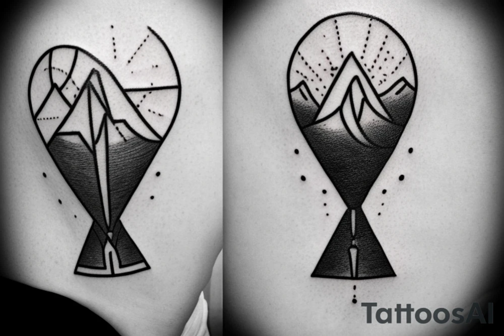 A mountain range but the first part of the mountain range is the background of an hourglass. The rest of the mountain range has a 7 underneath of it representing a week, a 30 underneath of it representing a month and 365 underneath of it representing a year. tattoo idea