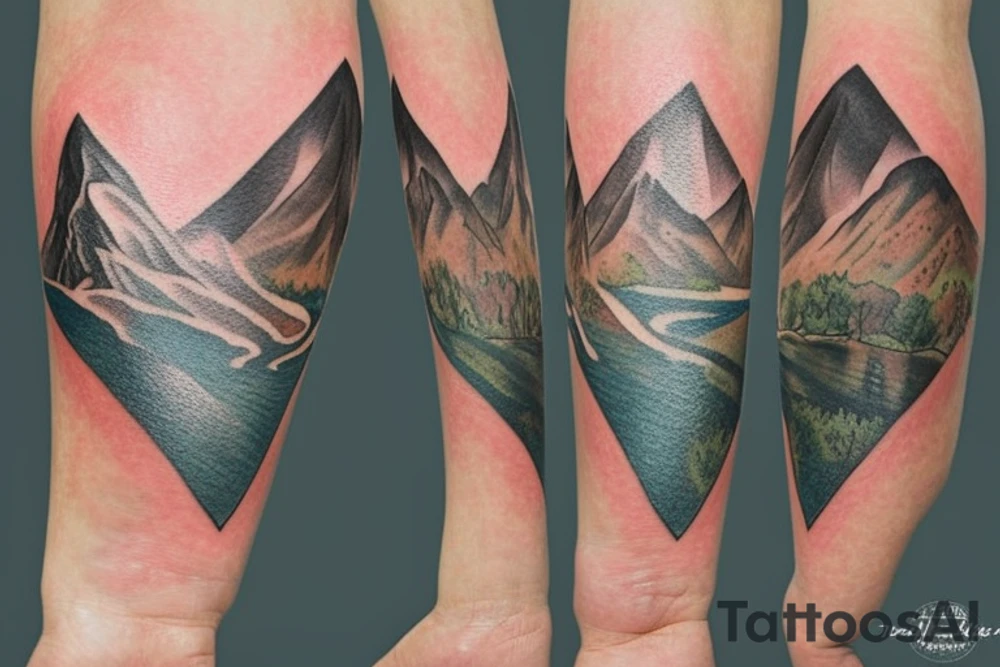 A mountain range but the first part of the mountain range is the background of an hourglass. The rest of the mountain range has a 7 underneath of it representing a week, a 30 underneath of it representing a month and 365 underneath of it representing a year. tattoo idea