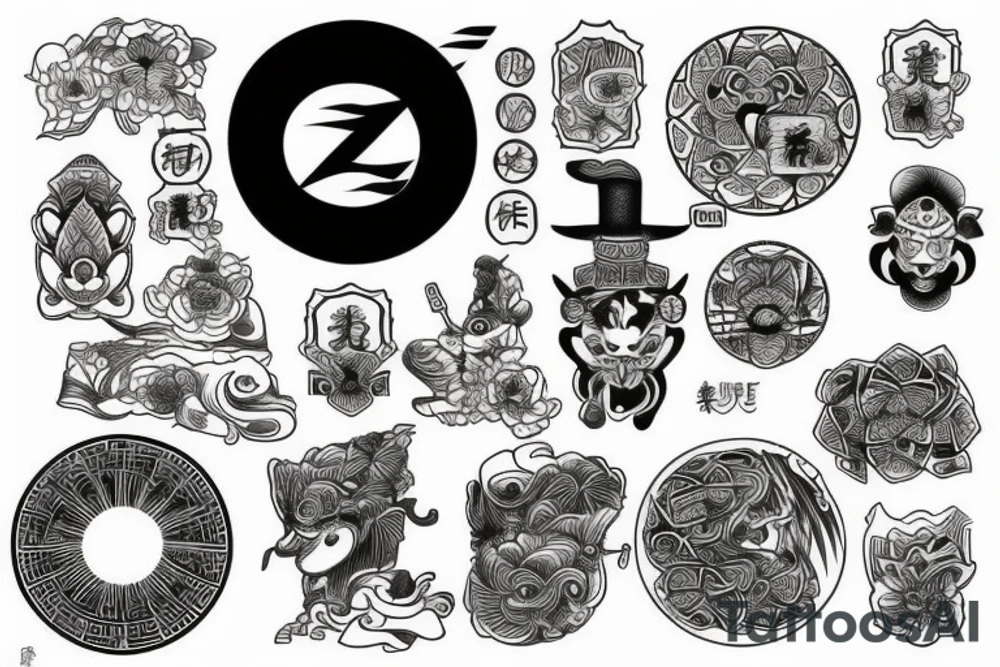 Black and white Japanese elements in the style of tattoo idea