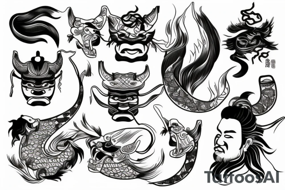 Samurai, koi fish, bonsai tree, hannya mask tattoo idea