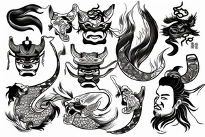 Samurai, koi fish, bonsai tree, hannya mask tattoo idea