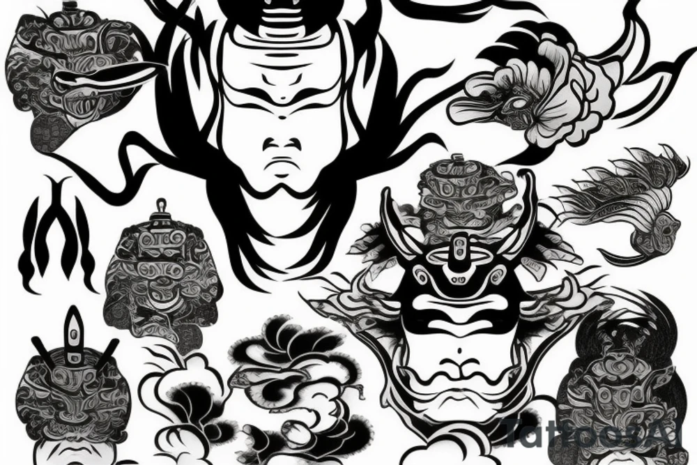 Samurai, koi fish, bonsai tree, hannya mask tattoo idea
