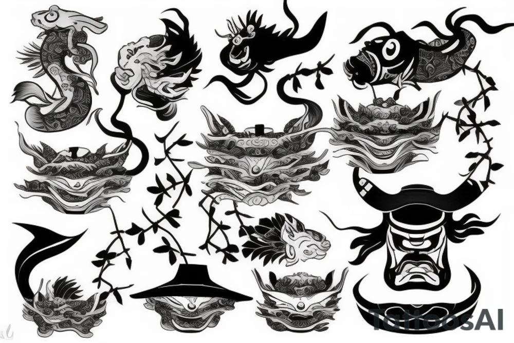 Samurai, koi fish, bonsai tree, hannya mask tattoo idea