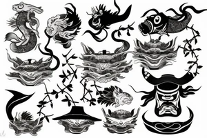 Samurai, koi fish, bonsai tree, hannya mask tattoo idea
