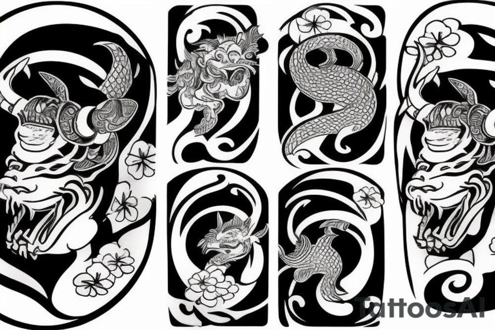 Samurai, koi fish, bonsai tree, hannya mask tattoo idea