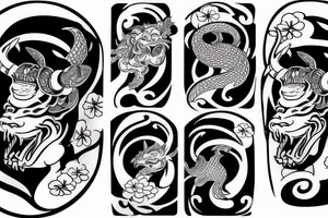 Samurai, koi fish, bonsai tree, hannya mask tattoo idea
