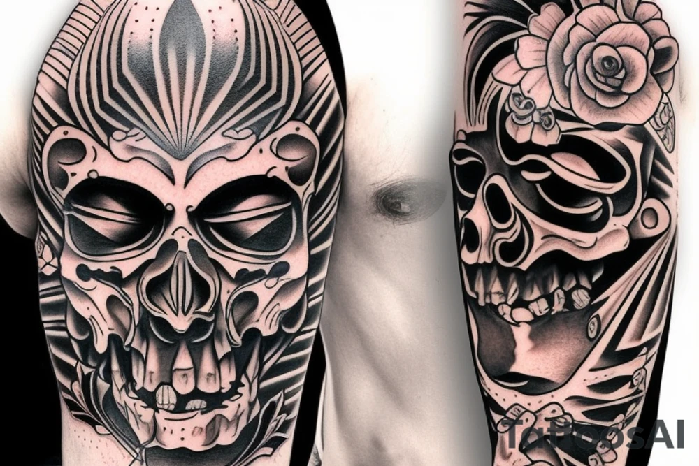 Blackout Chicano style full sleeve tattoo idea