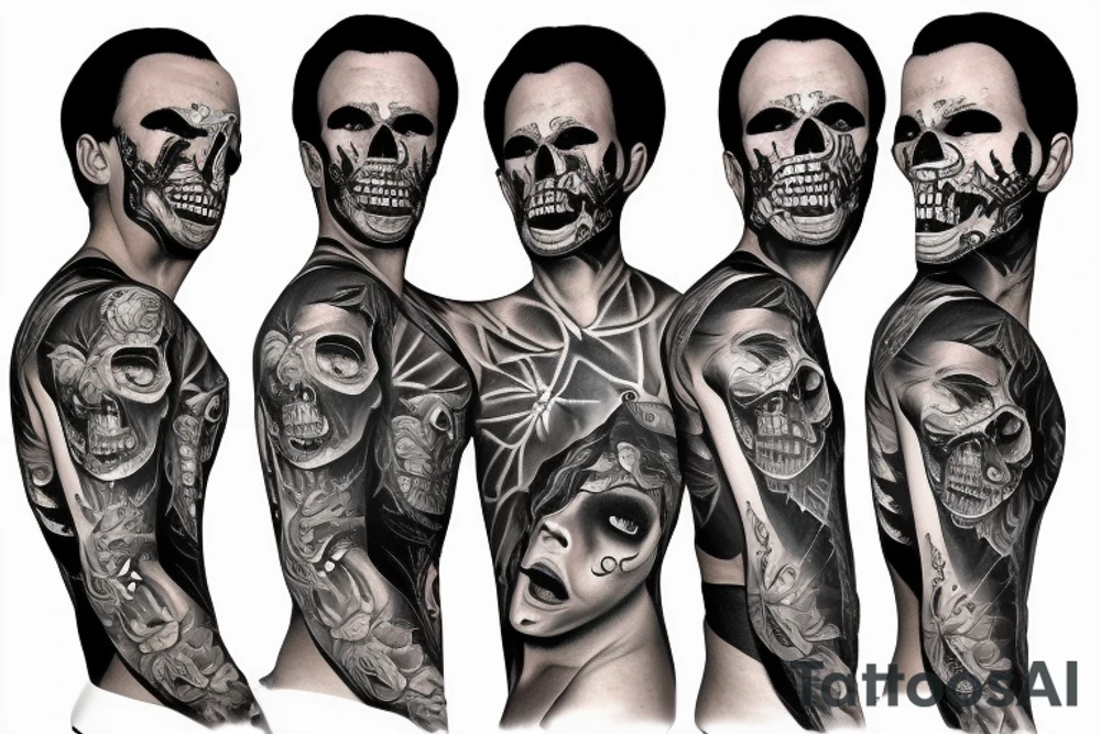 Blackout Chicano style fay of the dead full sleeve tattoo idea
