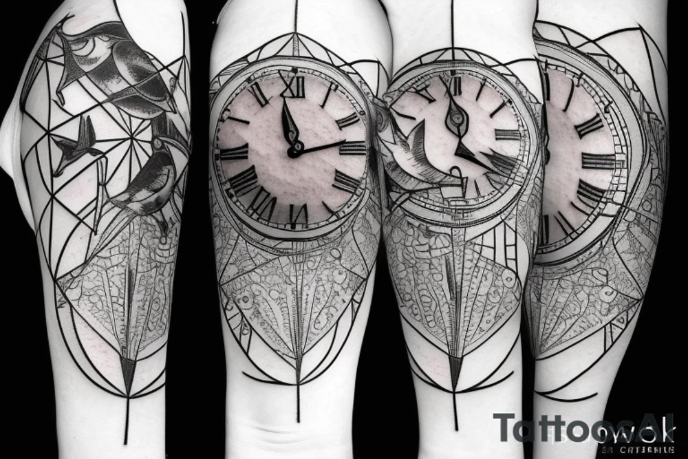 Broken clock with birds tattoo idea