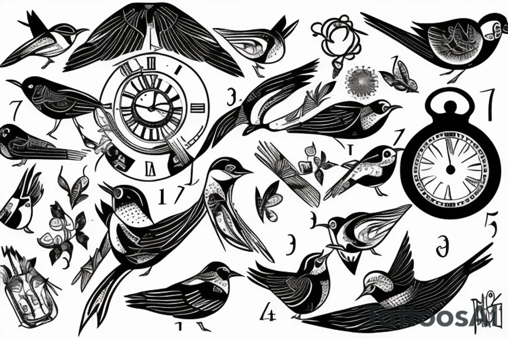 Broken clock with birds tattoo idea
