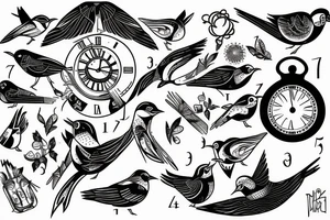 Broken clock with birds tattoo idea