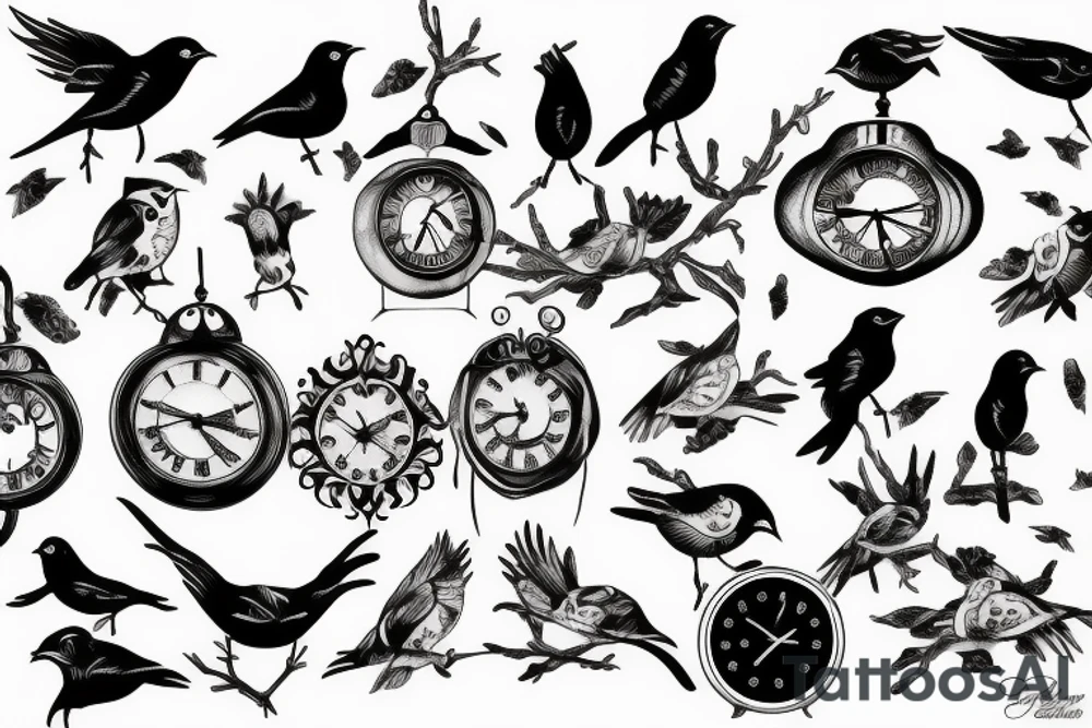 Broken clock with birds tattoo idea