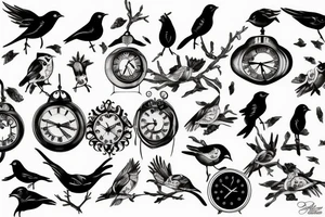 Broken clock with birds tattoo idea