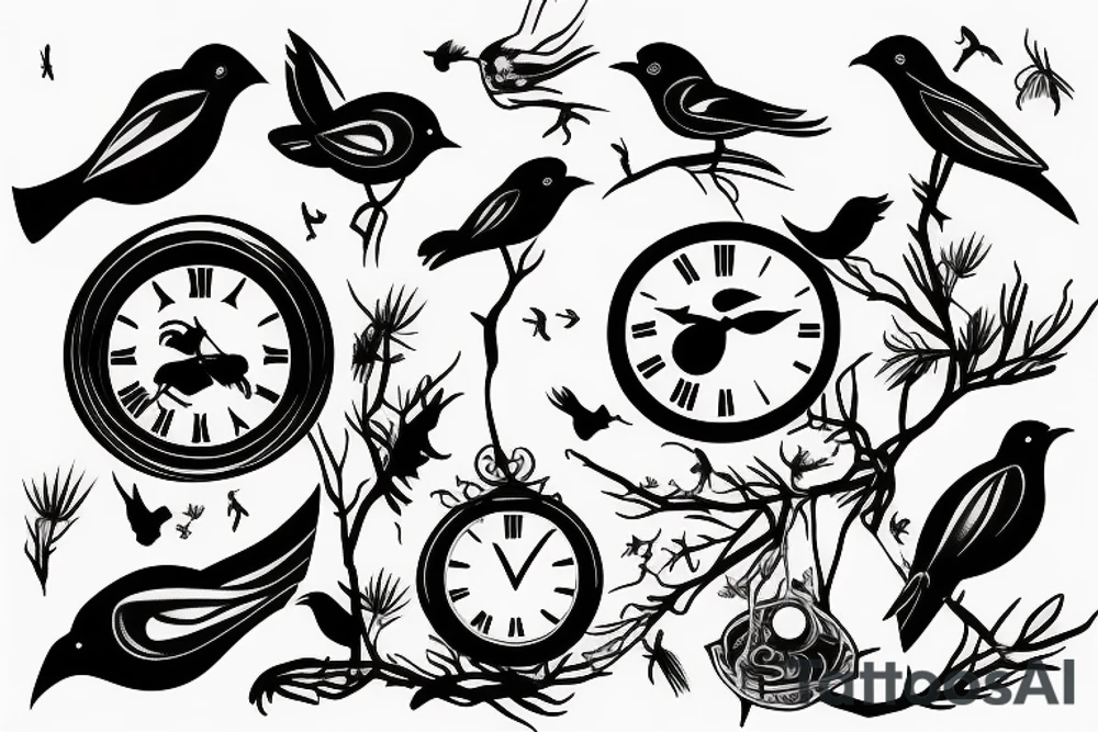 Broken clock with birds tattoo idea