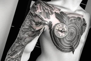 Broken clock with birds on chest tattoo idea