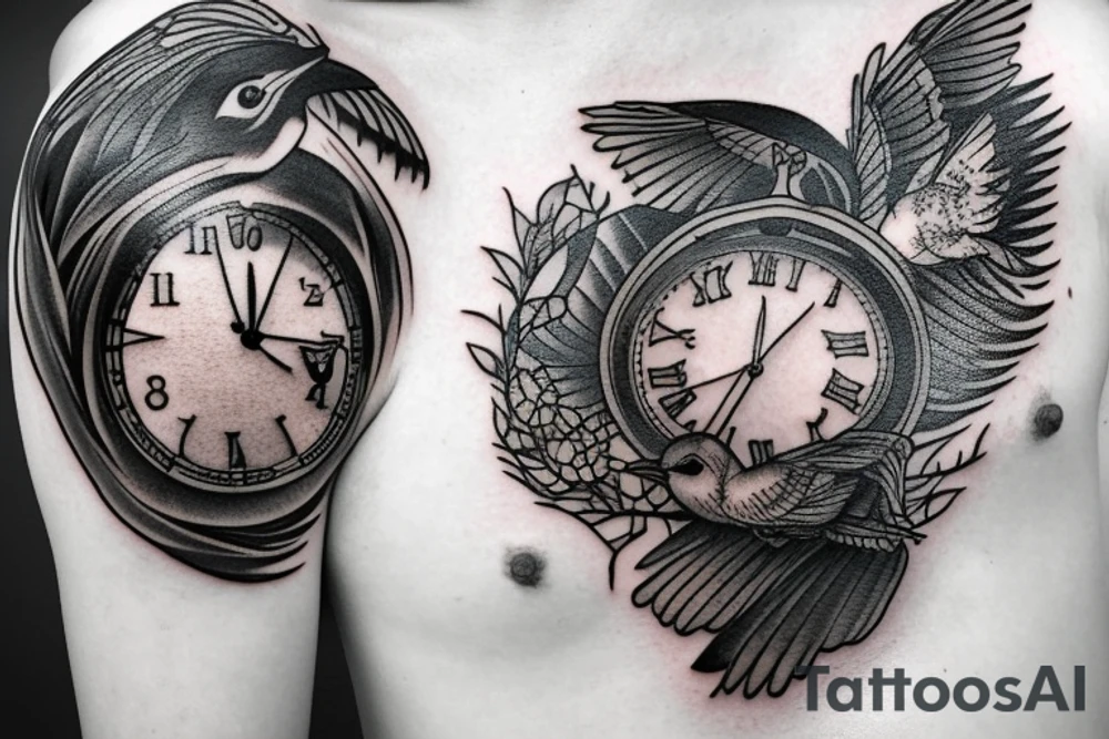 Broken clock with birds and flashback tattoo idea