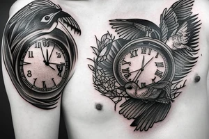 Broken clock with birds and flashback tattoo idea