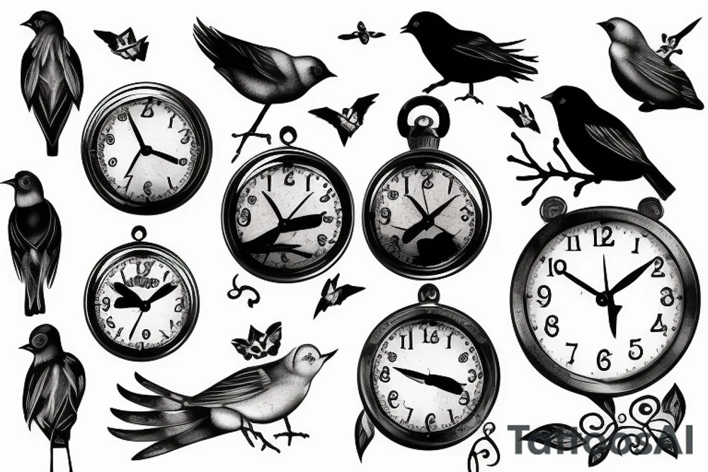 Broken clock with birds and flashback tattoo idea