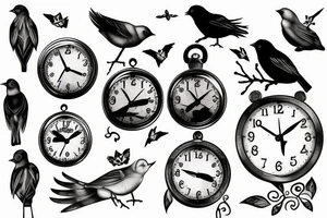 Broken clock with birds and flashback tattoo idea