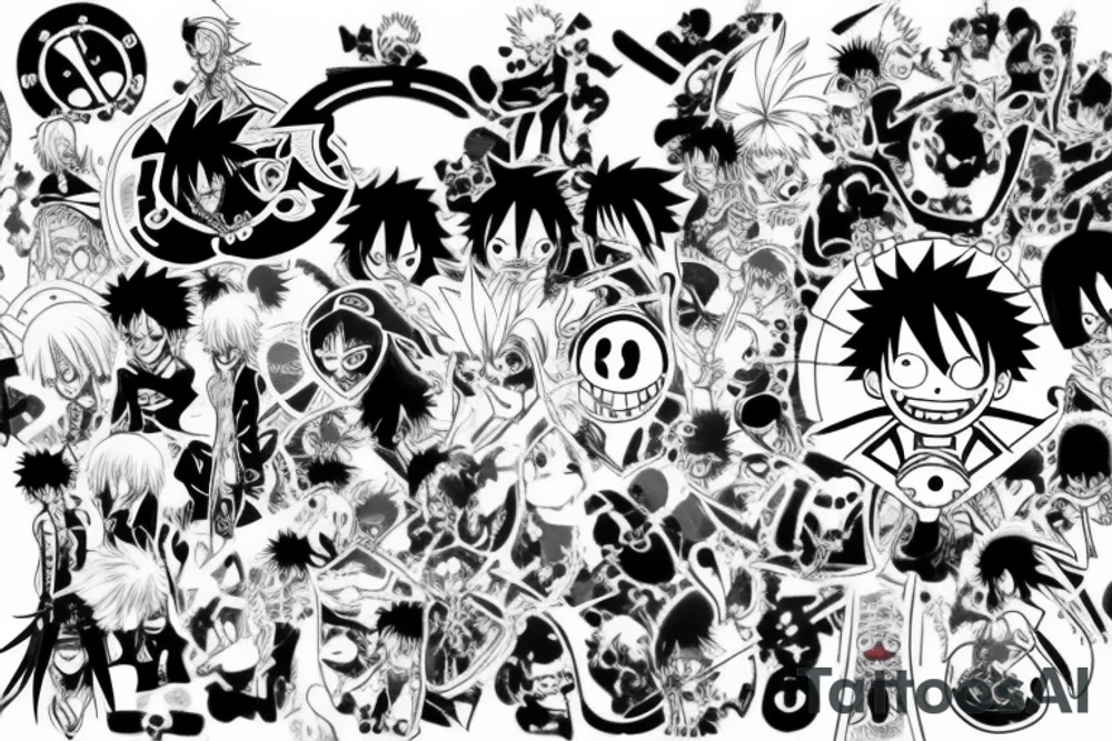 A anime style Tatto , with one piece characters , bleach characters , and hunter x hunter character tattoo idea