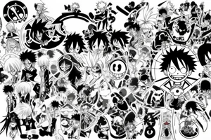 A anime style Tatto , with one piece characters , bleach characters , and hunter x hunter character tattoo idea
