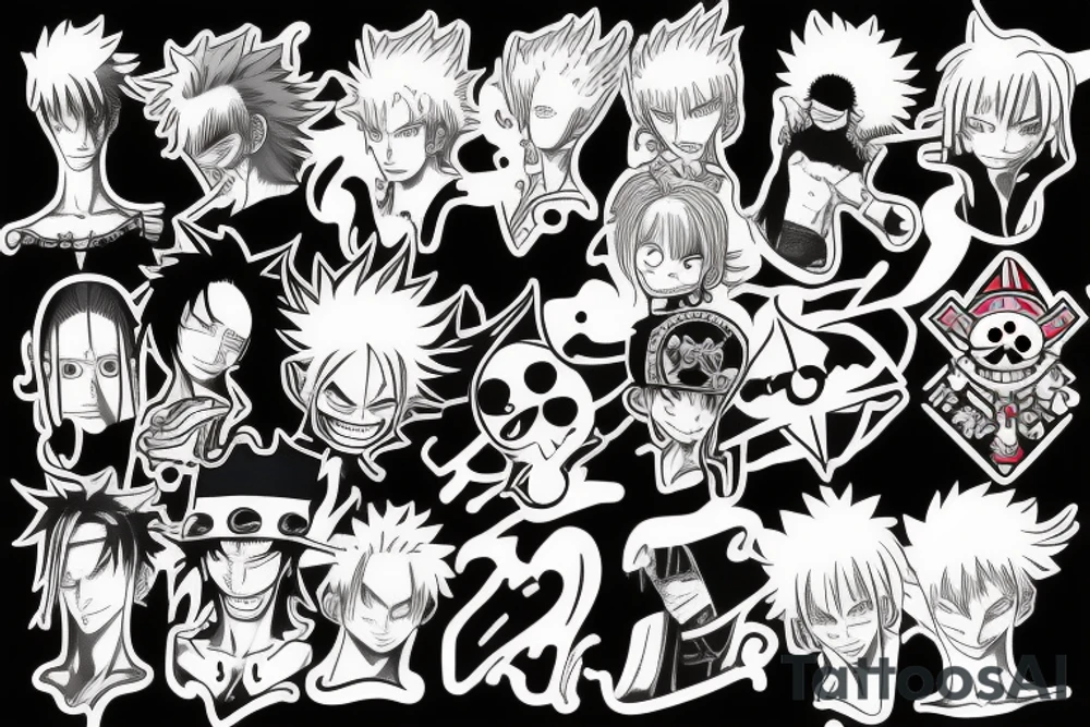 A anime style Tatto , with one piece characters , bleach characters , and hunter x hunter character tattoo idea