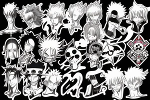 A anime style Tatto , with one piece characters , bleach characters , and hunter x hunter character tattoo idea