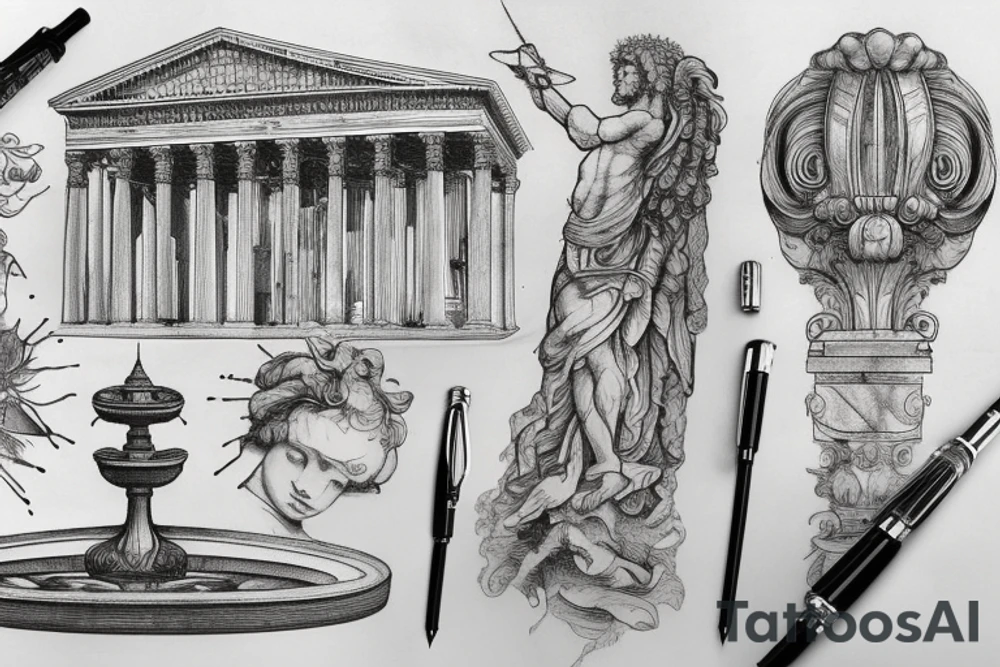 Da Vinci sketch of a giant fountain pen with neoclassical roman and greek architecture design tattoo idea