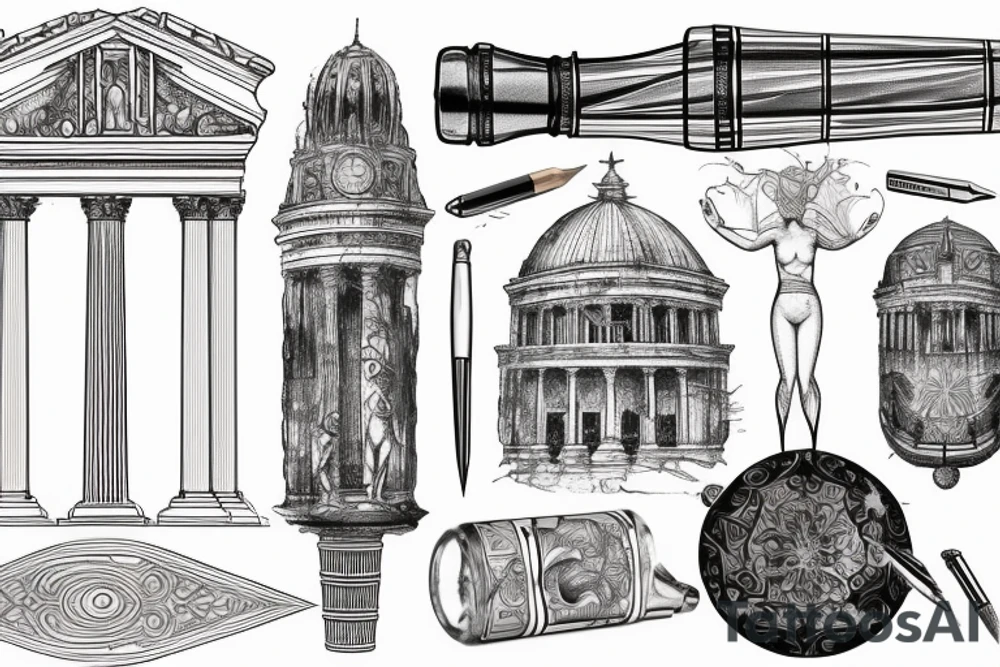 Da Vinci sketch of a giant fountain pen with neoclassical roman and greek architecture design tattoo idea