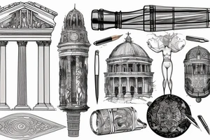 Da Vinci sketch of a giant fountain pen with neoclassical roman and greek architecture design tattoo idea