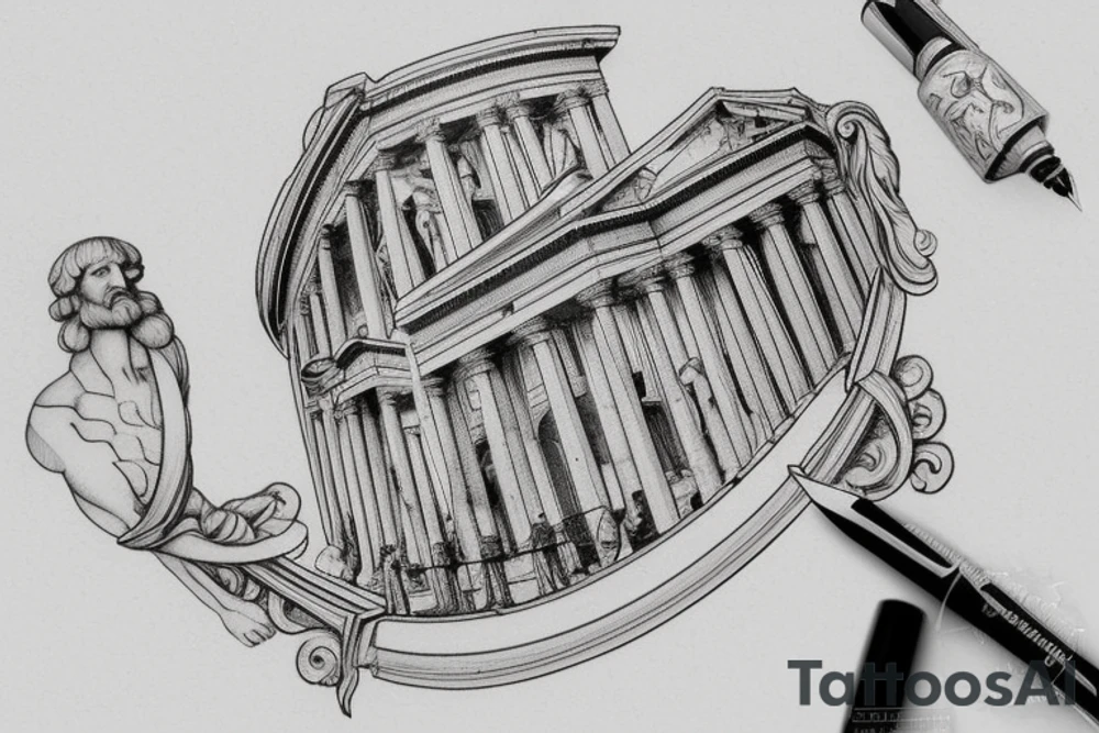 A Da Vinci style sketch of a giant fountain pen with neoclassical roman and greek architecture in its design. Placement on the inner forearm. tattoo idea