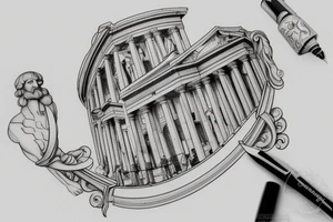 A Da Vinci style sketch of a giant fountain pen with neoclassical roman and greek architecture in its design. Placement on the inner forearm. tattoo idea