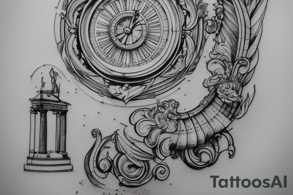 A Da Vinci style sketch of a giant fountain pen with neoclassical roman and greek architecture in its design. Placement on the inner forearm. tattoo idea