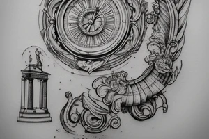 A Da Vinci style sketch of a giant fountain pen with neoclassical roman and greek architecture in its design. Placement on the inner forearm. tattoo idea