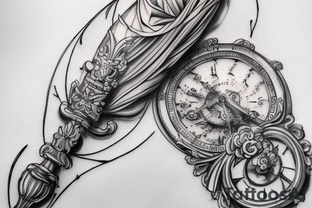 A Da Vinci style sketch of a giant fountain pen with neoclassical design. Placement on the inner forearm. tattoo idea