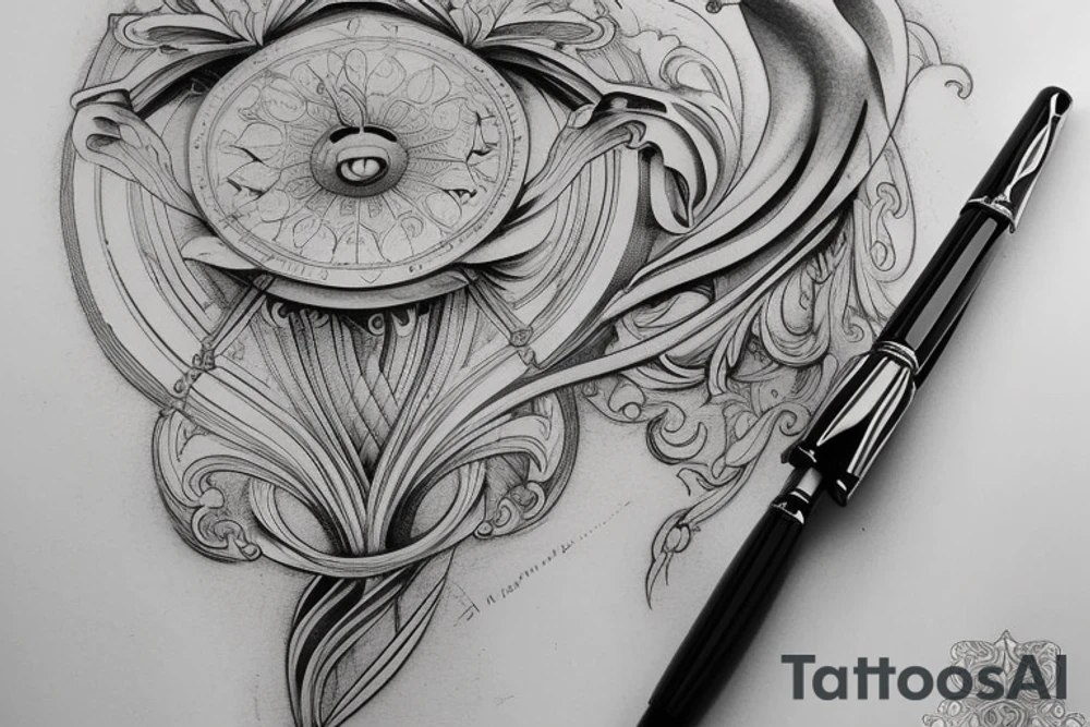 A Da Vinci style sketch of a giant fountain pen with neoclassical design. Placement on the inner forearm. tattoo idea